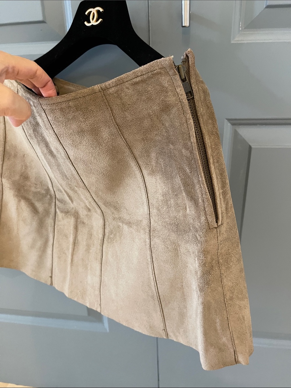 Suede Leather DKNY Olive-Tan A-Line Skirt Fit as a Small